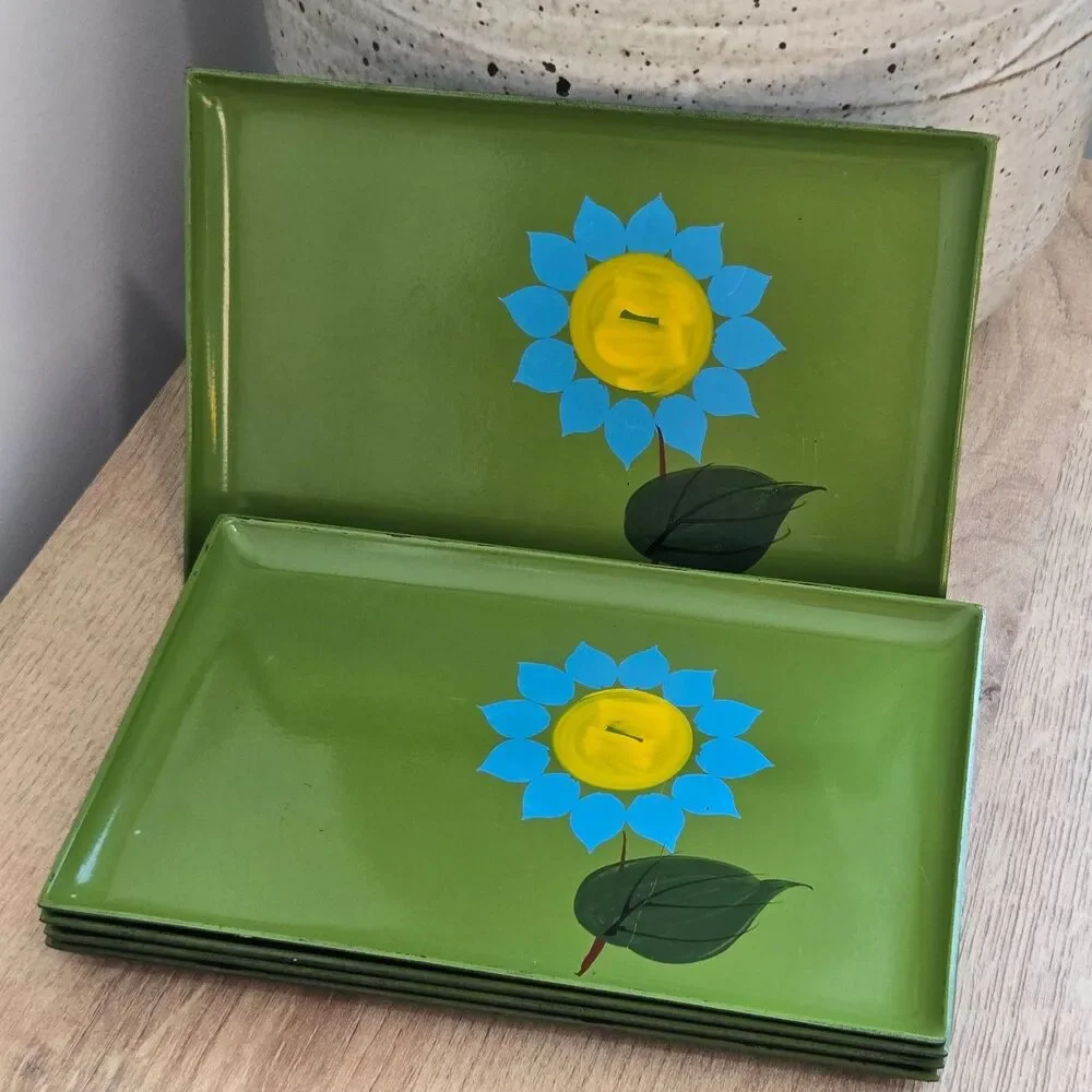 Set 5 Groovy Retro Avocado Green Trays Melamine Japan Mod Flower MCM Small 7.5x5